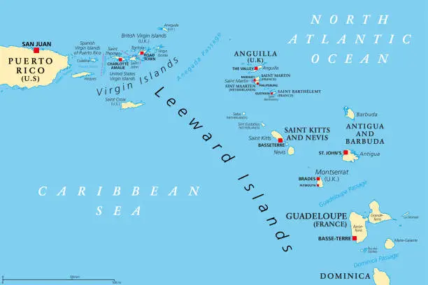 Vector illustration of Leeward Islands, political map, part of Lesser Antilles in the Caribbean