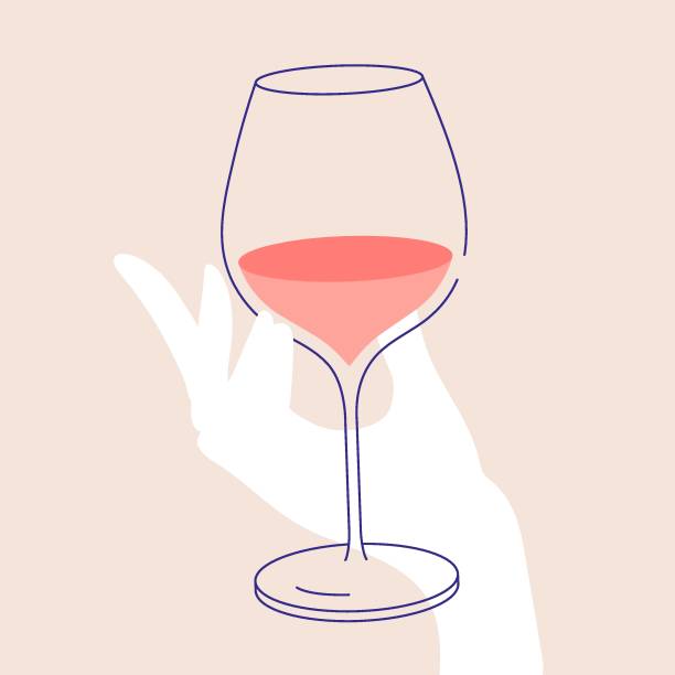 레드 와인 한 잔을 들고 있는 여성의 손. 인사말 카드, 엽서, 초대장, 메뉴 디자인에 대한 플랫 일러스트레이션. 라인 아트 템플릿 - pink champagne illustrations stock illustrations