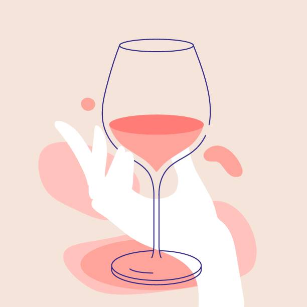 die hand der frau hält ein glas rotwein. flache illustration für grußkarten, postkarten, einladungen, menügestaltung. strichzeichnungsvorlage - champagne pink bubble vector stock-grafiken, -clipart, -cartoons und -symbole