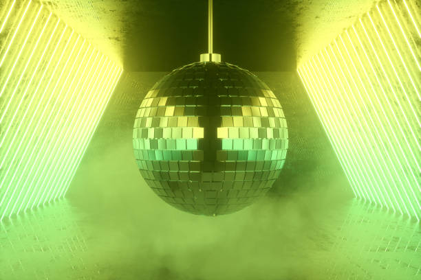 3d rendering of disco ball neon party lights with smoke.