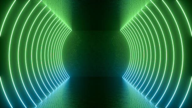 Ultraviolet neon laser glowing light tunnel abstract 3d background