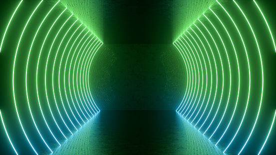 Ultraviolet neon laser glowing light tunnel abstract 3d background, copy space for advertisement.