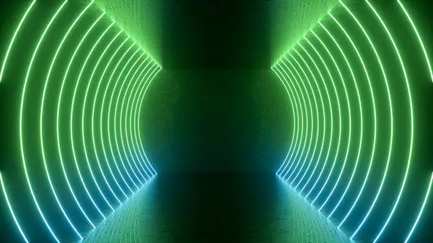 Photo of Ultraviolet neon laser glowing light tunnel abstract 3d background