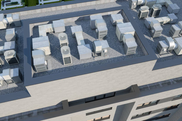 High Angle View Of Air Conditioning Units On Building Rooftop