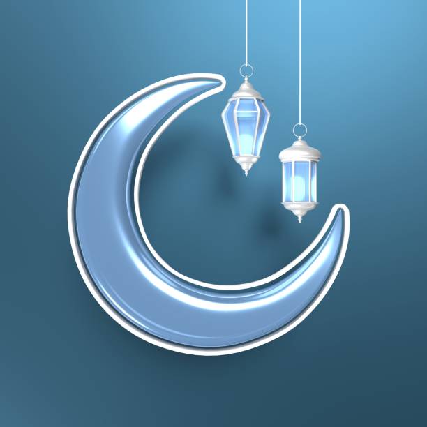 Three Dimensional Eid Mubarak greeting card design with lantern hanging in blue crescent moon against blue background. Ramadan concept. High quality 3D render easy to crop and cut out for social media, print and all other design needs.
