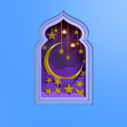 Ramadan Kareem greeting card on purple paper cut clouds, night sky with crescent and stars. Window silhouette against blue background with gold Arabic traditional lanterns. Ramadan concept. High quality 3D render easy to crop and cut out for social media, print and all other design needs.