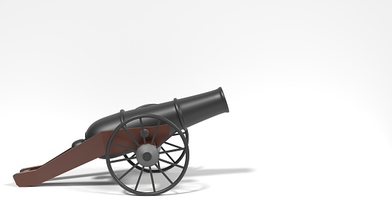 cross-section of an old cast-iron cannon, you can see the charge device, isolated on a white background