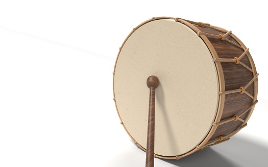 Traditional Ramadan drum and drum stick on white background. Ramadan concept. High quality 3D render easy to crop and cut out for social media, print and all other design needs.