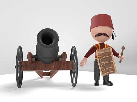Traditional Ramadan drum and drummer in front of a cannon on white background. Ramadan concept. High quality 3D render easy to crop and cut out for social media, print and all other design needs.