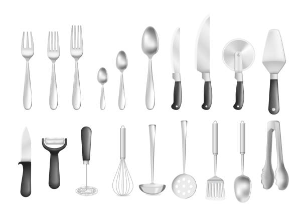istock Realistic stainless metal kitchen appliances cutlery vector illustration 1389843796