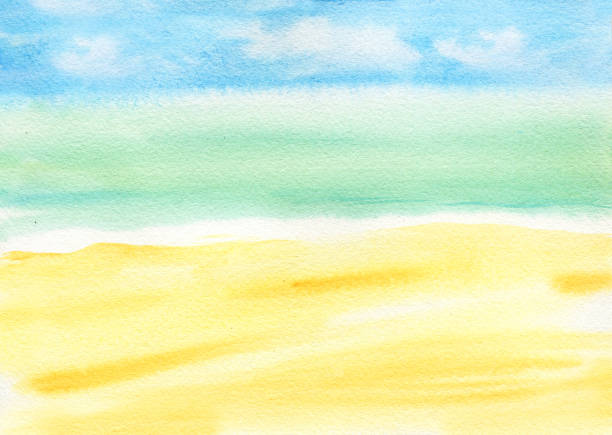 istock Watercolor seascape with sky, sea, clouds, yellow sand, coast. Hand drawn sketch, summer illustration 1389844190