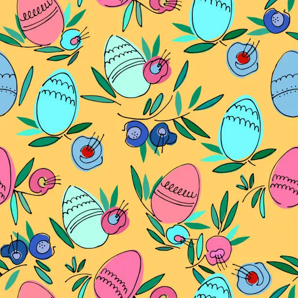 Vector illustration of Seamless pattern on Easter theme with colored eggs, flowers, leaves