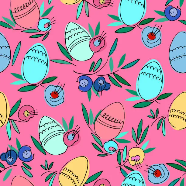 Vector illustration of Seamless pattern on Easter theme with colored eggs, flowers, leaves