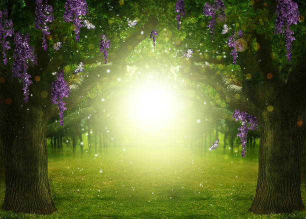 istock Fantasy world. Enchanted forest with beautiful butterflies, magic lights and sunlit way between trees 1389845446