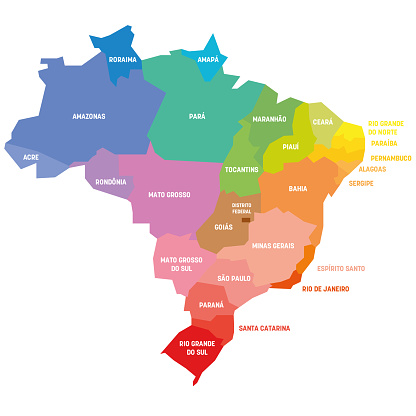 Colorful political map of Brazil. Administrative divisions - states. Simple flat vector map with labels.