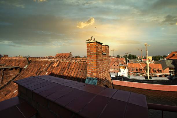 Berlin skyline: young woman sits on a roof and look far away
