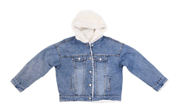 istock Beautiful women's blue denim jacket with white fur lining isolated on white background. 1389847242