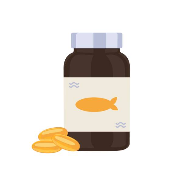 ilustrações, clipart, desenhos animados e ícones de cápsulas de óleo de peixe em uma garrafa. ilustração do vetor isolada em fundo branco. - fish oil healthy eating capsule isolated