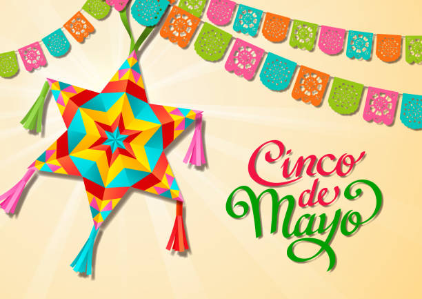 Cinco De Mayo Star Pinata Join the Cinco De Mayo Fiesta held on 5 May with decoration of colorful papel picado and star pinata cinco de mayo stock illustrations
