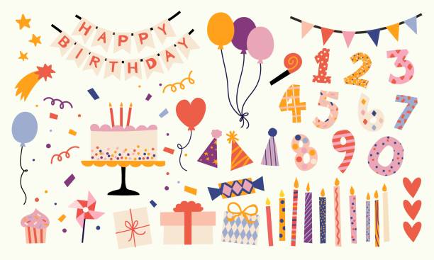 ilustraciones, imágenes clip art, dibujos animados e iconos de stock de colección de diversos elementos festivos para una fiesta de cumpleaños. un conjunto de artículos simples y lindos para el diseño. ilustración vectorial dibujada a mano. todos los elementos están aislados. - happy birthday