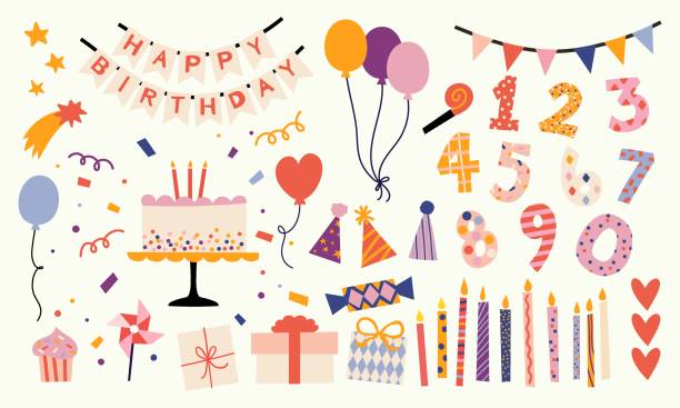 ilustrações de stock, clip art, desenhos animados e ícones de collection of various festive elements for a birthday party. a set of simple and cute items for design. vector hand drawn illustration. all elements are isolated. - decoration candle ornate composition