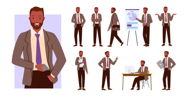 Businessman poses set, office worker character showing business presentation on lecture Businessman poses set vector illustration. Cartoon office worker character showing business presentation on lecture, man employee with beard holding phone and laptop, walking isolated on white walking animation stock illustrations