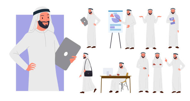 ilustrações de stock, clip art, desenhos animados e ícones de saudi businessman showing different poses and gestures set , office worker standing - arabic characters