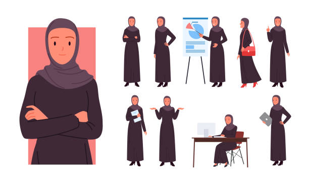 illustrations, cliparts, dessins animés et icônes de une employée de bureau saoudienne pose un plateau, une femme arabe en robe musulmane et hijab - middle eastern ethnicity illustrations