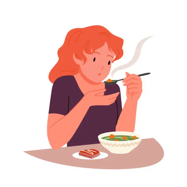 Vector illustration of Hungry girl eating hot soup with spoon, person sitting at table with bowl and sandwich