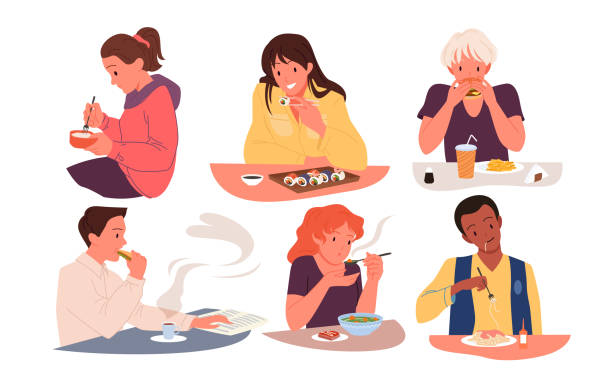 Hungry people eating food at table for lunch or dinner, sitting with spoon or fork to eat Hungry people eat food at table for breakfast, lunch or dinner vector illustration. Cartoon collection of happy young man and woman sitting with spoon or fork in hand and eating isolated on white single dining chair stock illustrations