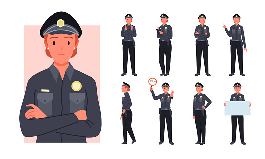 Police officer woman poses set vector illustration. Cartoon female worker holding ticket, stop sign and empty banner, standing with crossed arms and walking, front and side view isolated on white