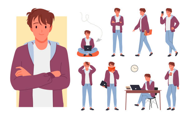 Set of student boy in different poses doing educational activities Set of student boy in different poses doing educational activities. College teenager pupil daily life, studying and preparing for school lesson cartoon vector illustration adolescence stock illustrations