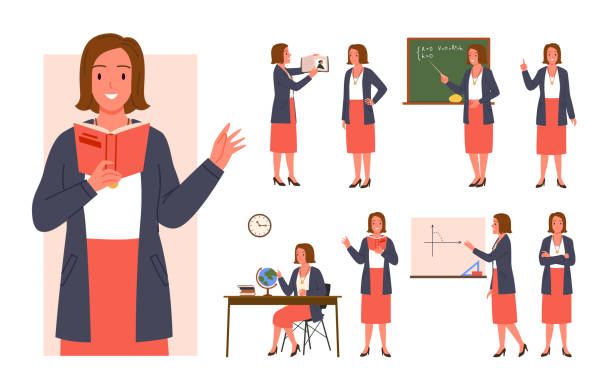 Set of professional woman teacher in different teaching poses Set of professional woman teacher in different teaching poses. Female professor giving educational lesson, reading and showing study book material cartoon vector illustration teacher stock illustrations