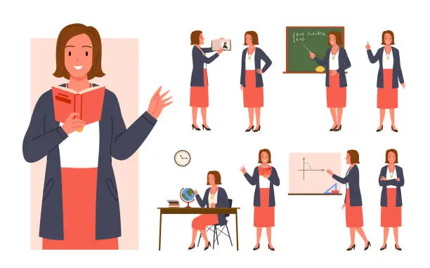 Vector illustration of Set of professional woman teacher in different teaching poses