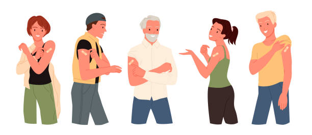 Cartoon vaccinated happy woman, man and teen characters after inoculation with antivirus vaccine, adhesive plaster on hand. People showing arm with bandage after vaccination vector illustration set. Cartoon vaccinated happy woman, man and teen characters after inoculation with antivirus vaccine, adhesive plaster on hand. People showing arm with bandage after vaccination vector illustration set bandage arm stock illustrations
