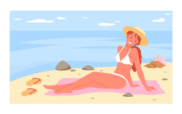 stockillustraties, clipart, cartoons en iconen met girl sitting on tropical sea beach and sunbathing summertime, woman wearing swimsuit - sunbathing