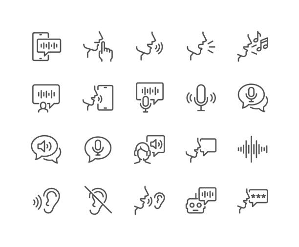 ilustraciones, imágenes clip art, dibujos animados e iconos de stock de iconos de voz de línea - comunicación
