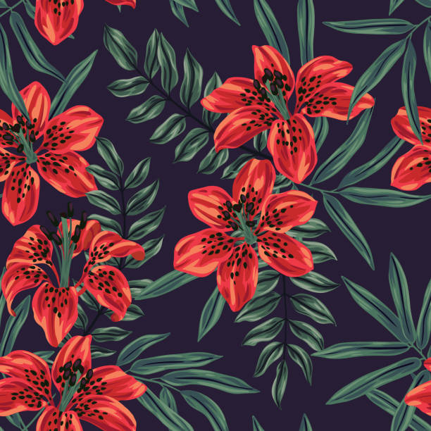 ilustraciones, imágenes clip art, dibujos animados e iconos de stock de patrón floral anticuado, patrón sin costuras con flores de lirio rojo, hojas sobre un fondo oscuro. vector. - close up abstract backgrounds large