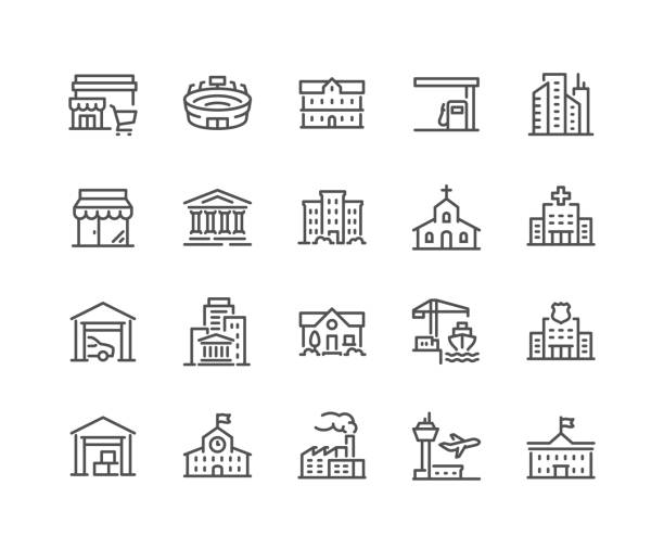 ilustraciones, imágenes clip art, dibujos animados e iconos de stock de iconos de edificios de línea - local bank