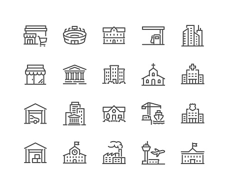 Simple Set of Buildings Related Vector Line Icons. Contains such Icons as Church, Sport Stadium, Medical Hospital and more. Editable Stroke. 48x48 Pixel Perfect.