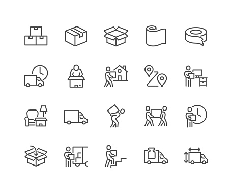 Simple Set of Moving Service Related Vector Line Icons. Contains such Icons as Office Move, Vehicle Cargo Stats, Loaders and more. Editable Stroke. 48x48 Pixel Perfect.