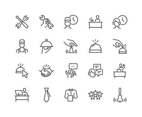 Simple Set of Service Related Vector Line Icons. Contains such Icons as Technical Support, Service Bell, Five Star Rating and more. Editable Stroke. 48x48 Pixel Perfect.