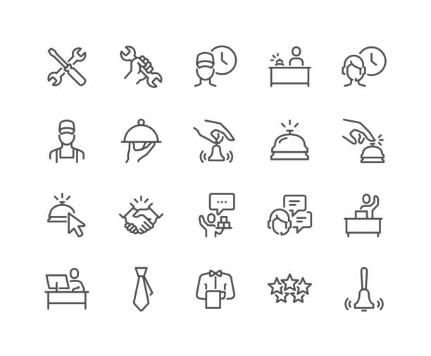 Line Service Icons Simple Set of Service Related Vector Line Icons. Contains such Icons as Technical Support, Service Bell, Five Star Rating and more. Editable Stroke. 48x48 Pixel Perfect. concierge service stock illustrations