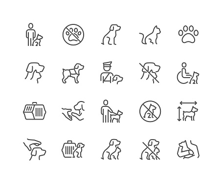Simple Set of Service Pet Related Vector Line Icons. Contains such Icons as Emotional Support Dog, Restriction Sign, Pet Transportation Pictogram and more. Editable Stroke. 48x48 Pixel Perfect.