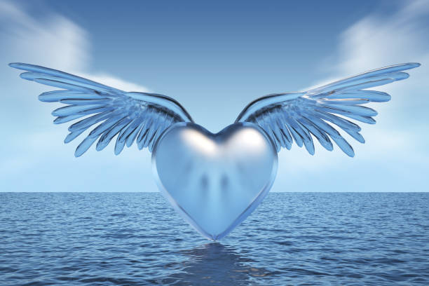 glass wings with shape heart over the ocean. 3d rendering