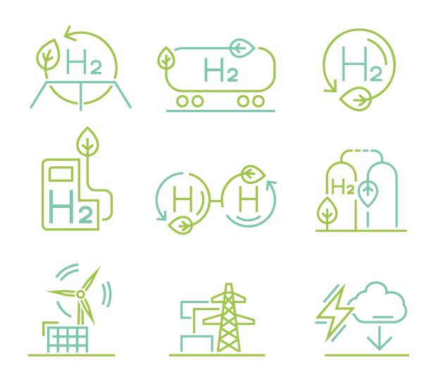 Green hydrogen production collection. Editable vector illustration H2 symbol. Green hydrogen production. Renewable energy source. Ecological energy. Zero emissions. Ecology, global warming, chemistry sign, icon. Editable vector illustration. Scientific pictogram zero emission vehicle stock illustrations