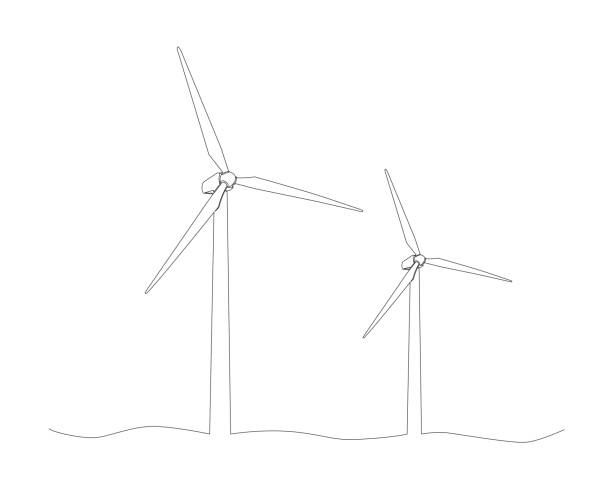 illustrazioni stock, clip art, cartoni animati e icone di tendenza di disegno a linea singola di turbine eoliche - pale eoliche