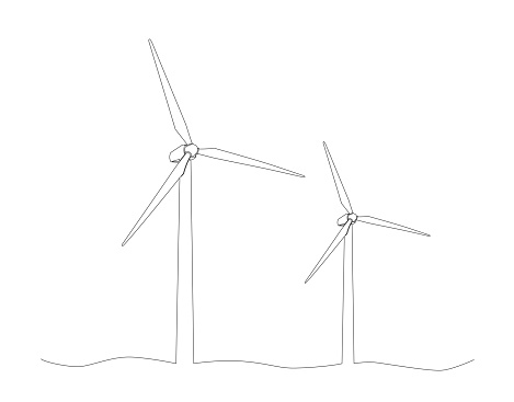 single line drawing of wind turbines isolated on white background, continuous line hand-drawn vector illustration