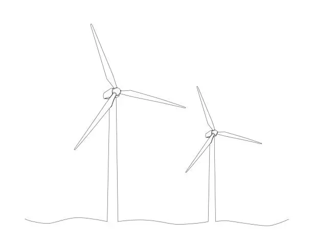 Vector illustration of single line drawing of wind turbines
