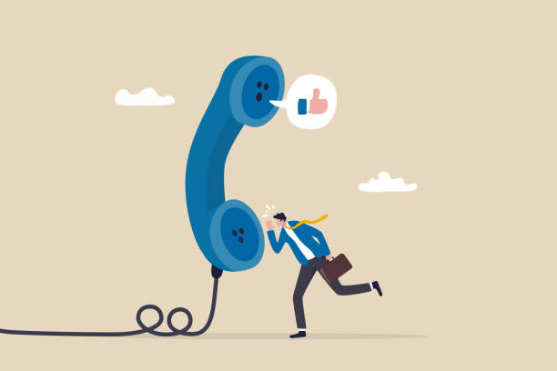 telefonanrufexperte zur generierung von leads oder verkäufen, erfolg telemarketing tell promotion zu interessenten oder kundenkonzept, geschäftsmann verkauf vertreter agent sprechen in telefonat mit daumen hoch feedback. - am telefon stock-grafiken, -clipart, -cartoons und -symbole